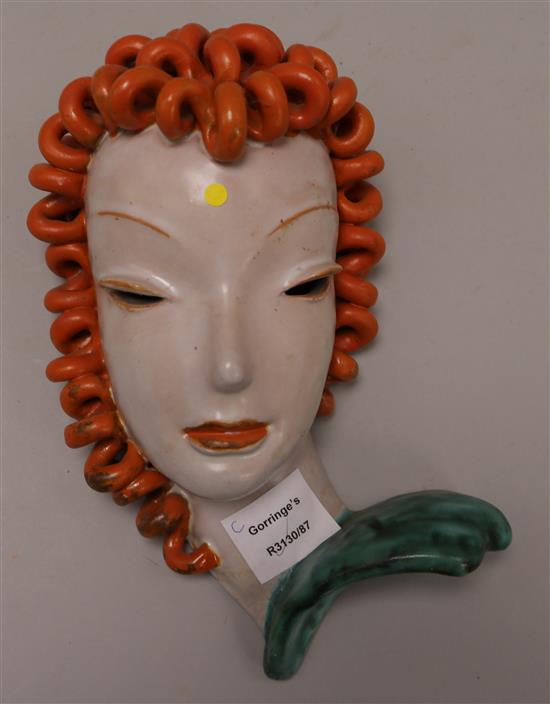 A Goldscheider painted terracotta female mask (broken at the neck) 10in.
